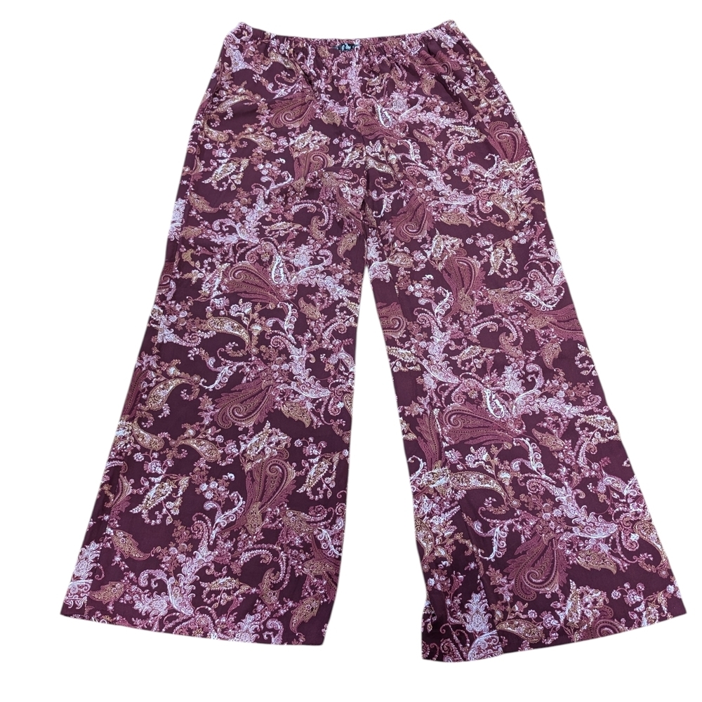 Jay Lee XL Paisley Wide Leg Palazzo Pants Boho Festival 70s Maroon Cream Stretch